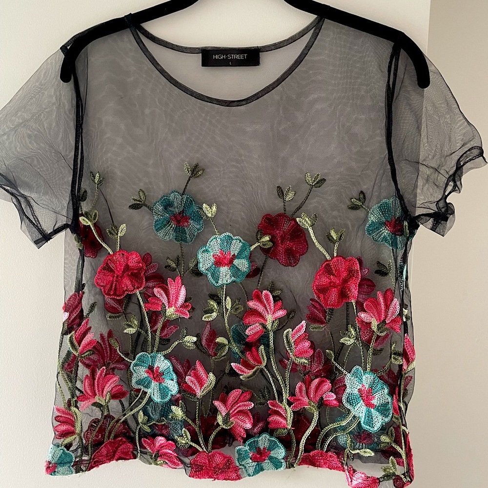 Black mesh embroidered flowers top
